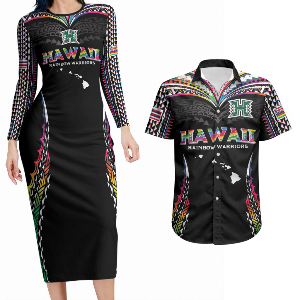 Custom Hawaii Rainbow Warriors Couples Matching Long Sleeve Bodycon Dress and Hawaiian Shirt Polynesian Motif Special Edition Rainbow Gradient