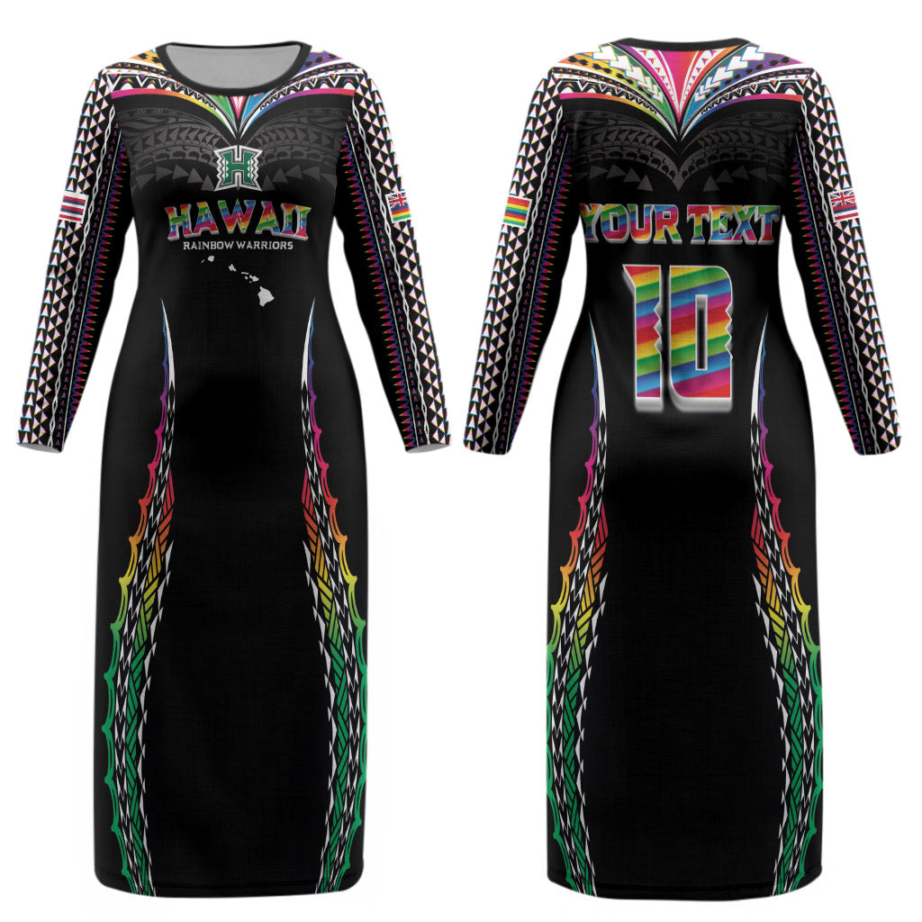 Custom Hawaii Rainbow Warriors Couples Matching Long Sleeve Bodycon Dress and Hawaiian Shirt Polynesian Motif Special Edition Rainbow Gradient