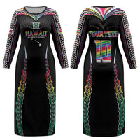 Custom Hawaii Rainbow Warriors Couples Matching Long Sleeve Bodycon Dress and Hawaiian Shirt Polynesian Motif Special Edition Rainbow Gradient