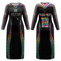 Custom Hawaii Rainbow Warriors Couples Matching Long Sleeve Bodycon Dress and Long Sleeve Button Shirt Polynesian Motif Special Edition Rainbow Gradient