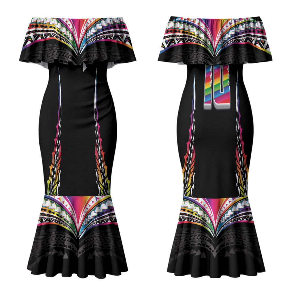 Custom Hawaii Rainbow Warriors Couples Matching Mermaid Dress and Hawaiian Shirt Polynesian Motif Special Edition Rainbow Gradient