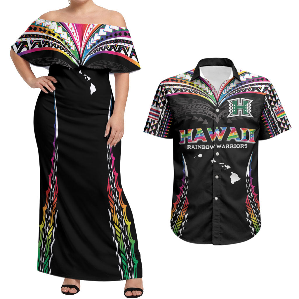 Custom Hawaii Rainbow Warriors Couples Matching Off Shoulder Maxi Dress and Hawaiian Shirt Polynesian Motif Special Edition Rainbow Gradient