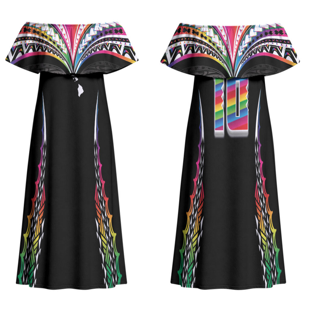 Custom Hawaii Rainbow Warriors Couples Matching Off Shoulder Maxi Dress and Hawaiian Shirt Polynesian Motif Special Edition Rainbow Gradient