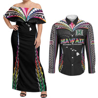 Custom Hawaii Rainbow Warriors Couples Matching Off Shoulder Maxi Dress and Long Sleeve Button Shirt Polynesian Motif Special Edition Rainbow Gradient