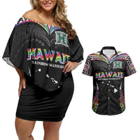 Custom Hawaii Rainbow Warriors Couples Matching Off Shoulder Short Dress and Hawaiian Shirt Polynesian Motif Special Edition Rainbow Gradient