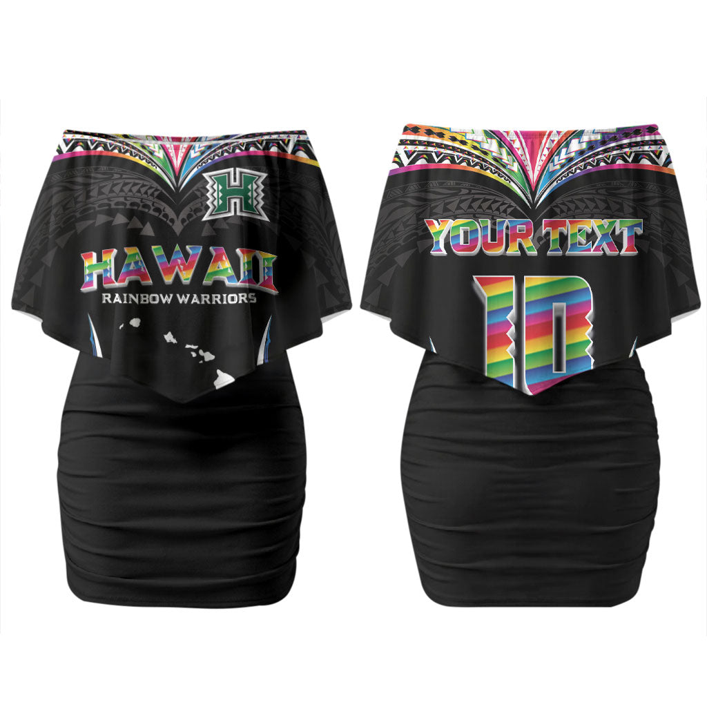 Custom Hawaii Rainbow Warriors Couples Matching Off Shoulder Short Dress and Hawaiian Shirt Polynesian Motif Special Edition Rainbow Gradient