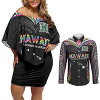 Custom Hawaii Rainbow Warriors Couples Matching Off Shoulder Short Dress and Long Sleeve Button Shirt Polynesian Motif Special Edition Rainbow Gradient