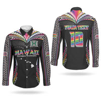 Custom Hawaii Rainbow Warriors Couples Matching Off Shoulder Short Dress and Long Sleeve Button Shirt Polynesian Motif Special Edition Rainbow Gradient