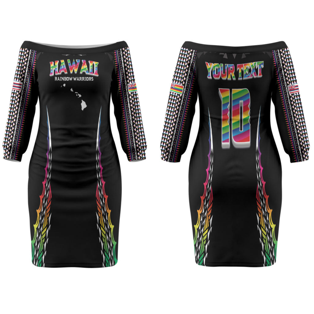 Custom Hawaii Rainbow Warriors Couples Matching Off The Shoulder Long Sleeve Dress and Hawaiian Shirt Polynesian Motif Special Edition Rainbow Gradient
