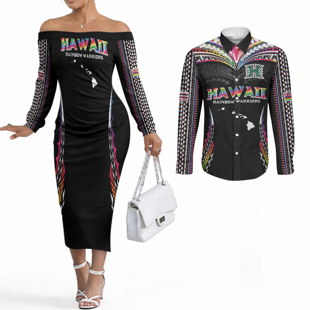 Custom Hawaii Rainbow Warriors Couples Matching Off The Shoulder Long Sleeve Dress and Long Sleeve Button Shirt Polynesian Motif Special Edition Rainbow Gradient