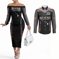 Custom Hawaii Rainbow Warriors Couples Matching Off The Shoulder Long Sleeve Dress and Long Sleeve Button Shirt Polynesian Motif Special Edition Rainbow Gradient