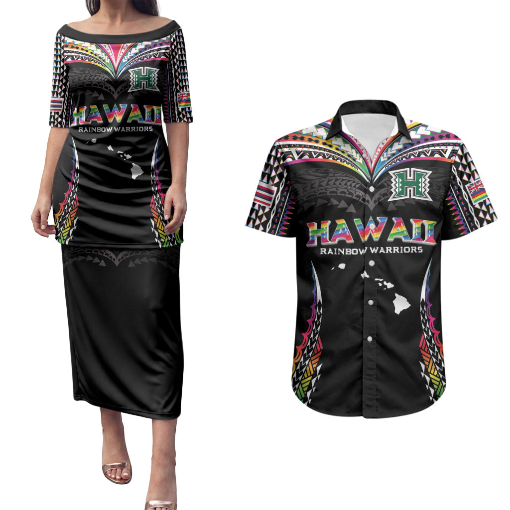 Custom Hawaii Rainbow Warriors Couples Matching Puletasi and Hawaiian Shirt Polynesian Motif Special Edition Rainbow Gradient