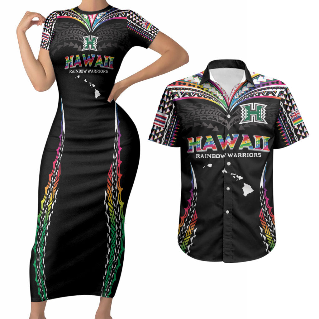 Custom Hawaii Rainbow Warriors Couples Matching Short Sleeve Bodycon Dress and Hawaiian Shirt Polynesian Motif Special Edition Rainbow Gradient