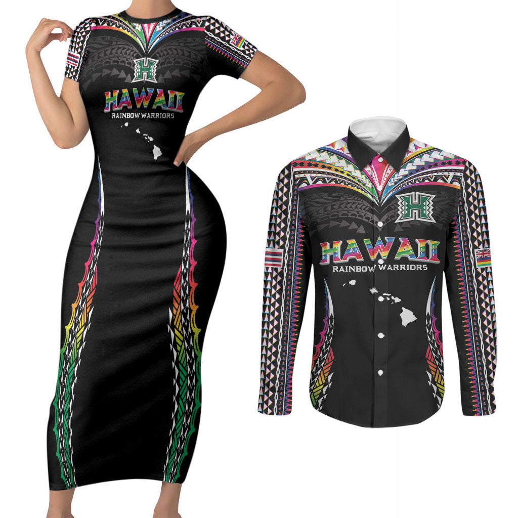 Custom Hawaii Rainbow Warriors Couples Matching Short Sleeve Bodycon Dress and Long Sleeve Button Shirt Polynesian Motif Special Edition Rainbow Gradient