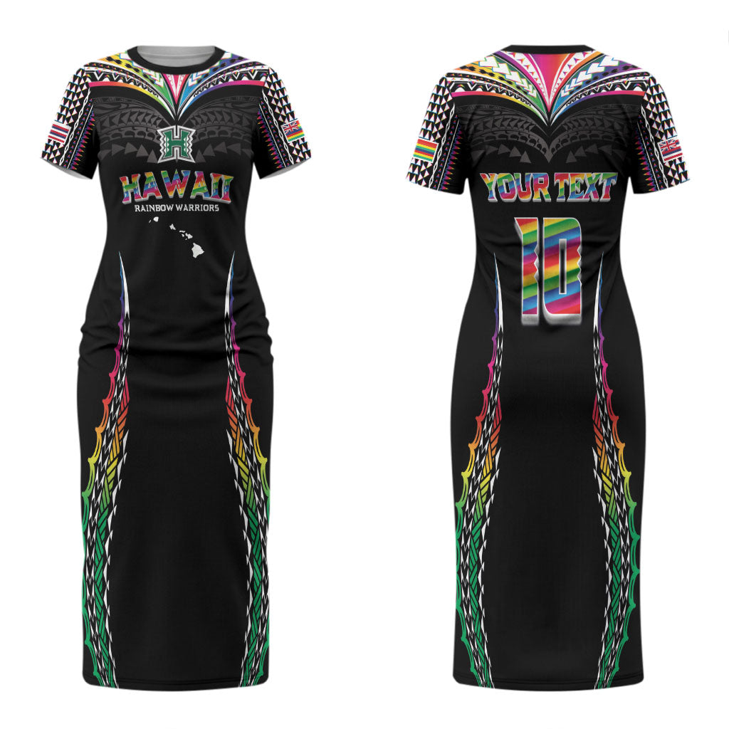 Custom Hawaii Rainbow Warriors Couples Matching Short Sleeve Bodycon Dress and Long Sleeve Button Shirt Polynesian Motif Special Edition Rainbow Gradient