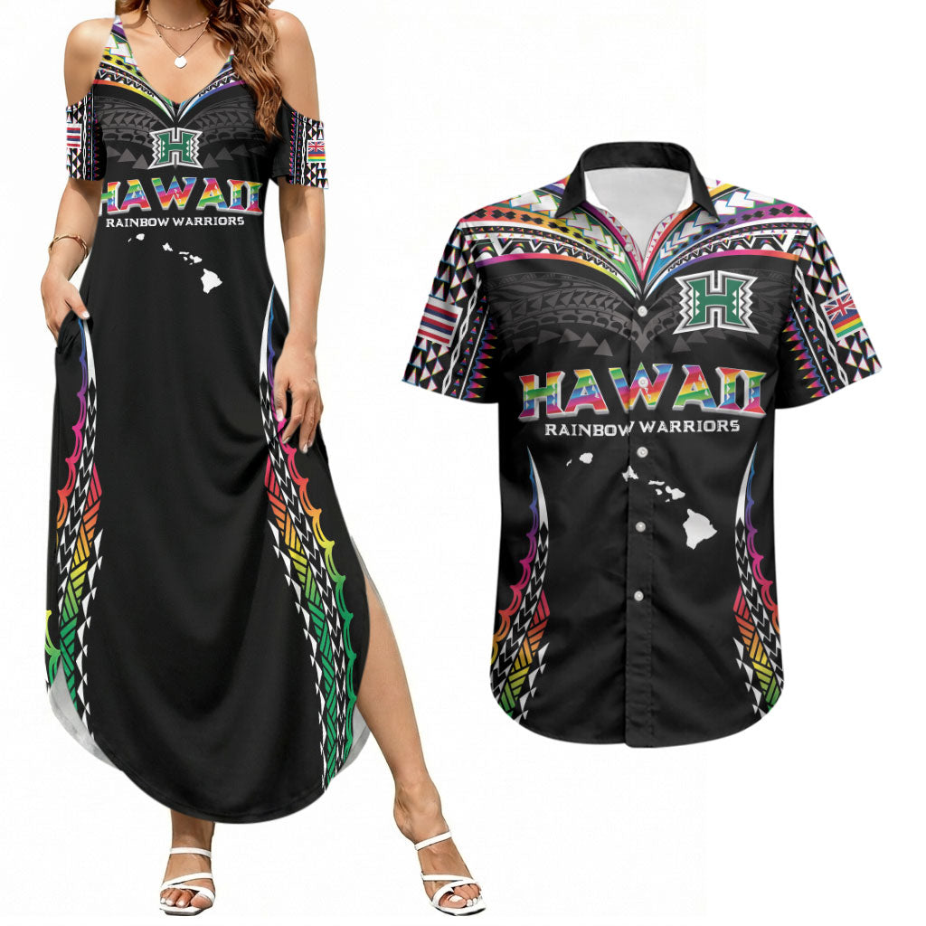 Custom Hawaii Rainbow Warriors Couples Matching Summer Maxi Dress and Hawaiian Shirt Polynesian Motif Special Edition Rainbow Gradient