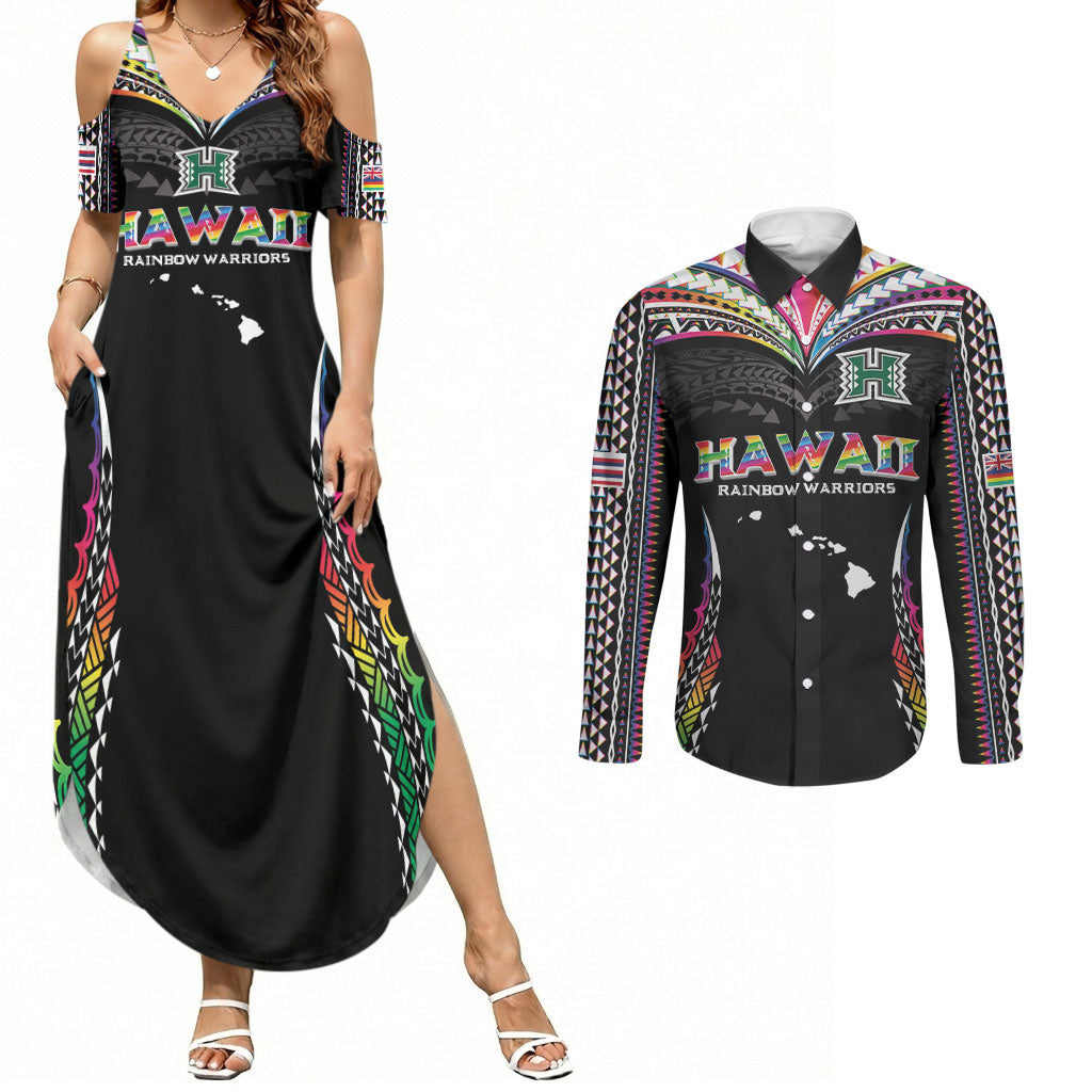 Custom Hawaii Rainbow Warriors Couples Matching Summer Maxi Dress and Long Sleeve Button Shirt Polynesian Motif Special Edition Rainbow Gradient