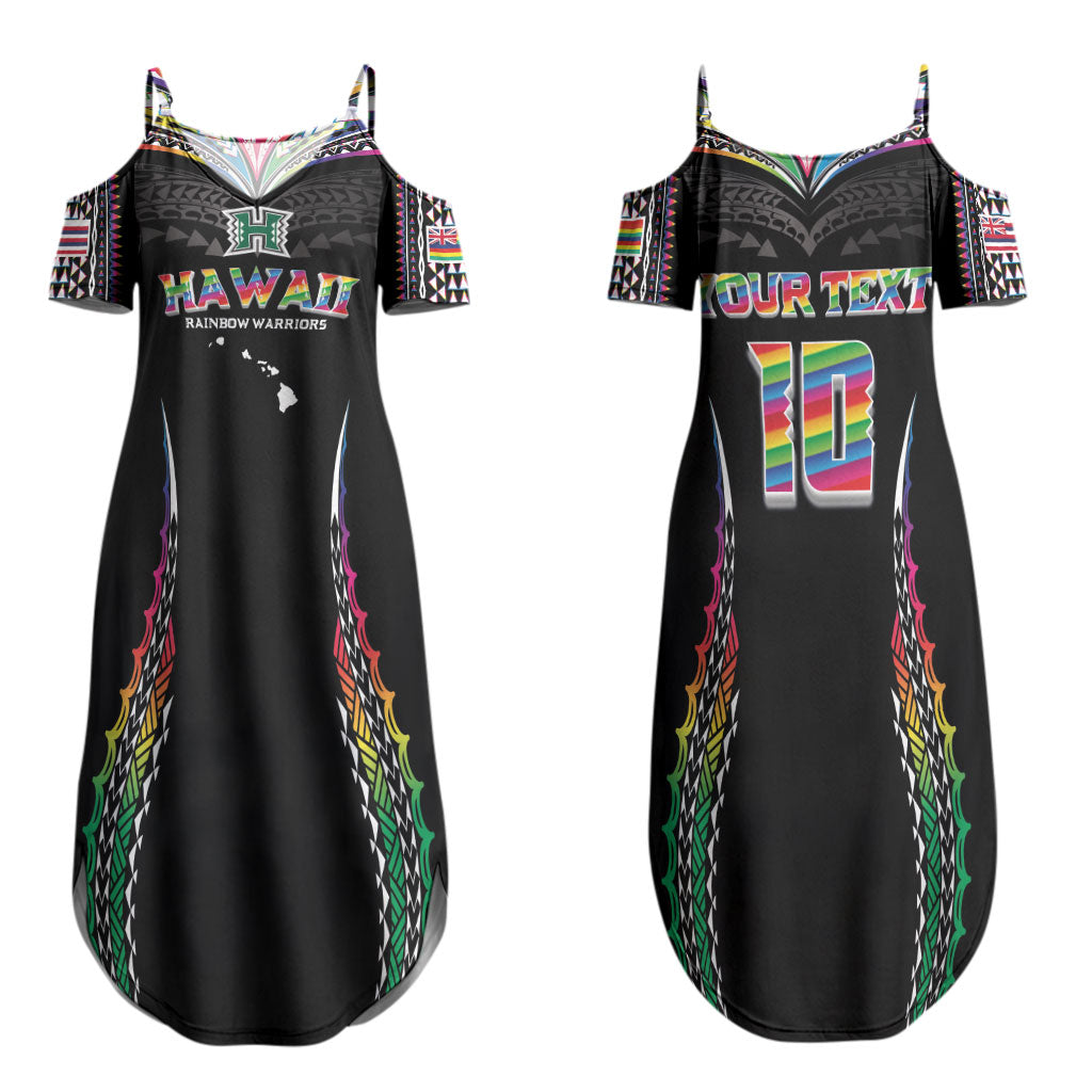Custom Hawaii Rainbow Warriors Couples Matching Summer Maxi Dress and Long Sleeve Button Shirt Polynesian Motif Special Edition Rainbow Gradient