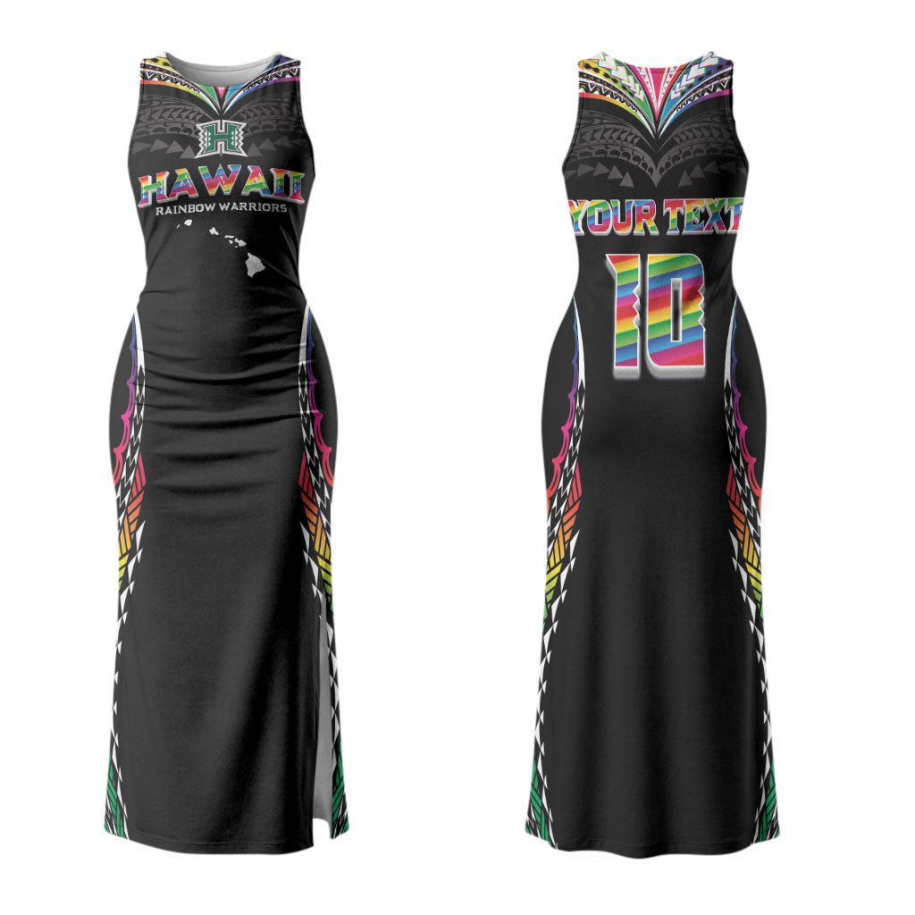 Custom Hawaii Rainbow Warriors Couples Matching Tank Maxi Dress and Hawaiian Shirt Polynesian Motif Special Edition Rainbow Gradient