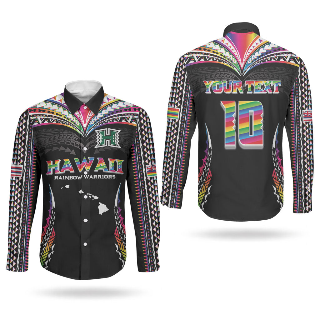 Custom Hawaii Rainbow Warriors Couples Matching Tank Maxi Dress and Long Sleeve Button Shirt Polynesian Motif Special Edition Rainbow Gradient