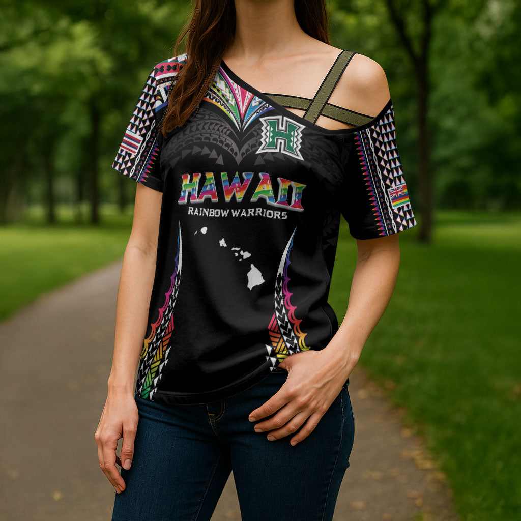Custom Hawaii Rainbow Warriors Cross Shoulder Shirt Polynesian Motif Special Edition Rainbow Gradient