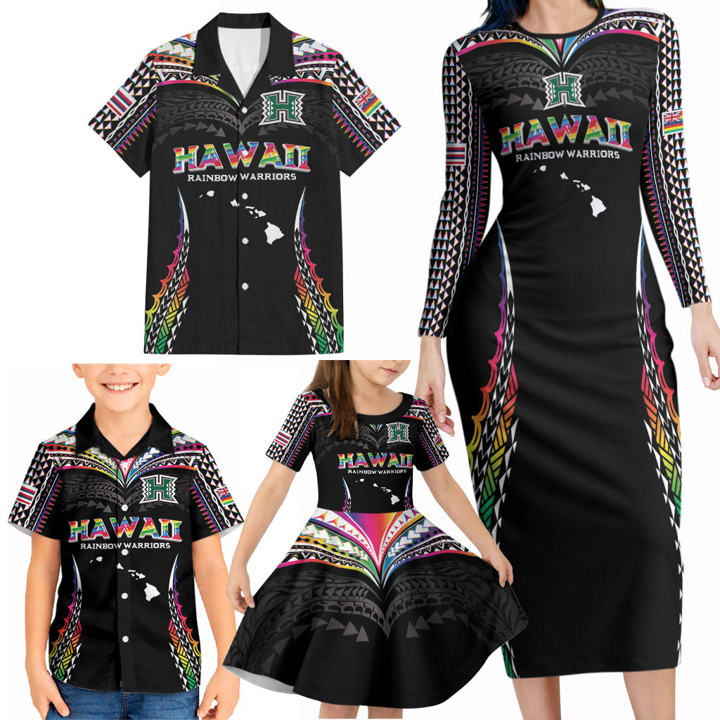 Custom Hawaii Rainbow Warriors Family Matching Long Sleeve Bodycon Dress and Hawaiian Shirt Polynesian Motif Special Edition Rainbow Gradient
