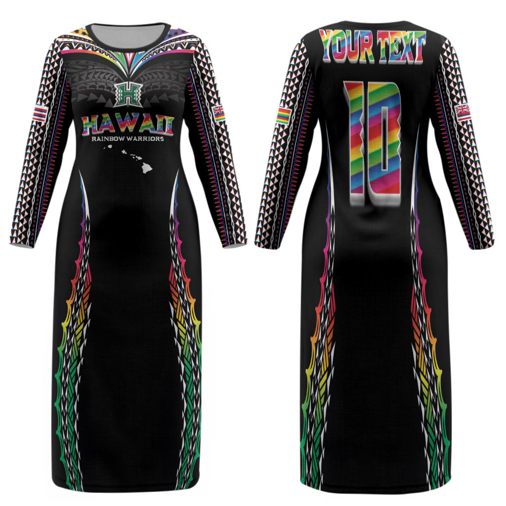 Custom Hawaii Rainbow Warriors Family Matching Long Sleeve Bodycon Dress and Hawaiian Shirt Polynesian Motif Special Edition Rainbow Gradient