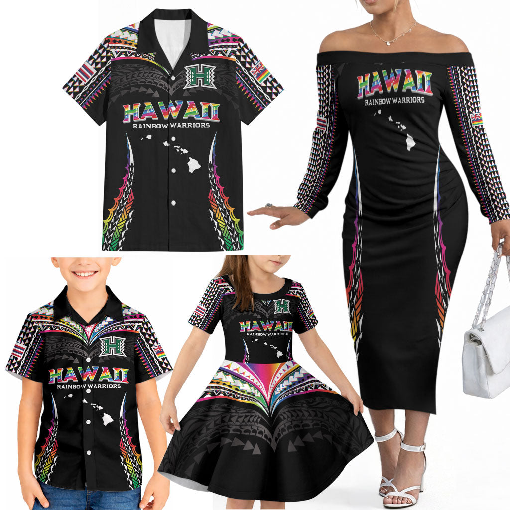 Custom Hawaii Rainbow Warriors Family Matching Off The Shoulder Long Sleeve Dress and Hawaiian Shirt Polynesian Motif Special Edition Rainbow Gradient