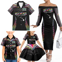 Custom Hawaii Rainbow Warriors Family Matching Off The Shoulder Long Sleeve Dress and Hawaiian Shirt Polynesian Motif Special Edition Rainbow Gradient