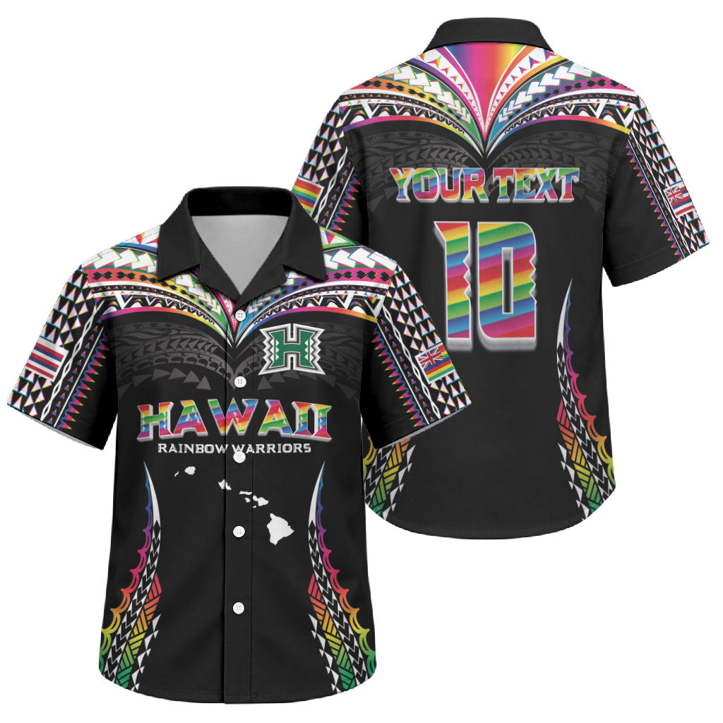 Custom Hawaii Rainbow Warriors Family Matching Off The Shoulder Long Sleeve Dress and Hawaiian Shirt Polynesian Motif Special Edition Rainbow Gradient
