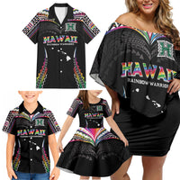 Custom Hawaii Rainbow Warriors Family Matching Off Shoulder Short Dress and Hawaiian Shirt Polynesian Motif Special Edition Rainbow Gradient