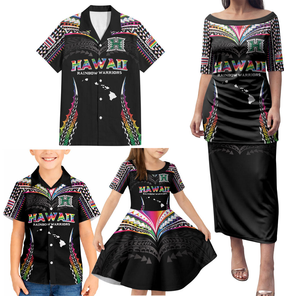 Custom Hawaii Rainbow Warriors Family Matching Puletasi and Hawaiian Shirt Polynesian Motif Special Edition Rainbow Gradient
