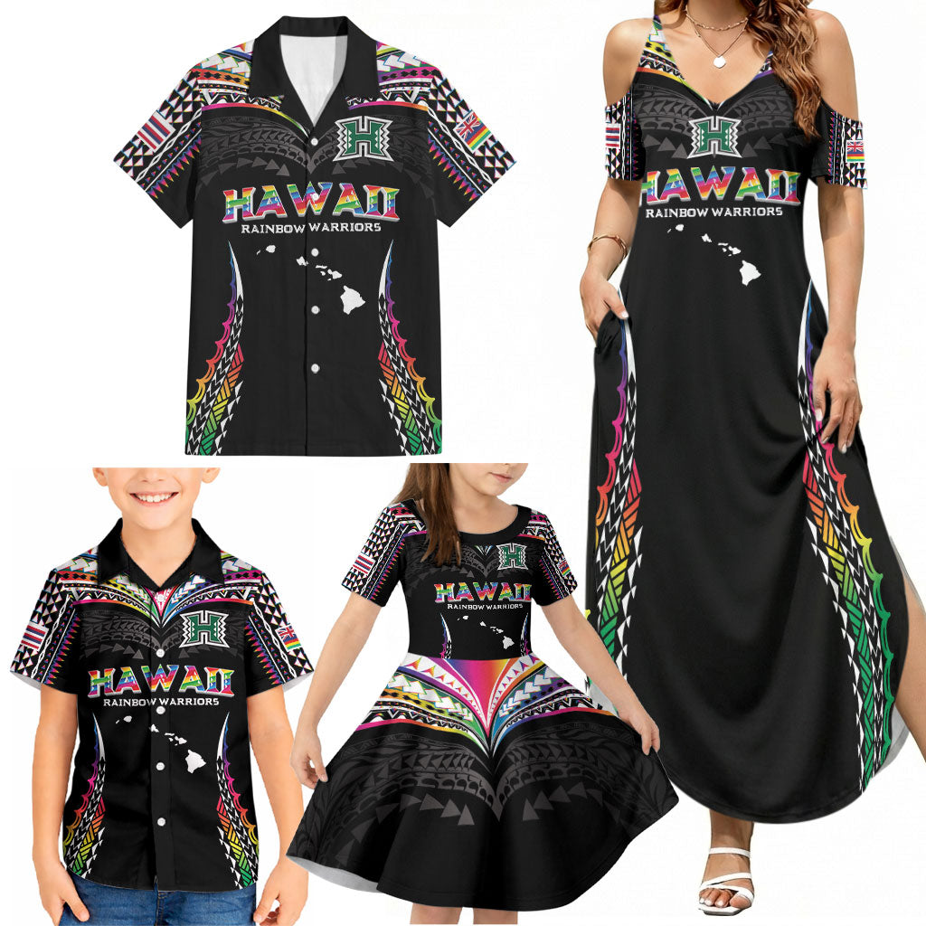 Custom Hawaii Rainbow Warriors Family Matching Summer Maxi Dress and Hawaiian Shirt Polynesian Motif Special Edition Rainbow Gradient