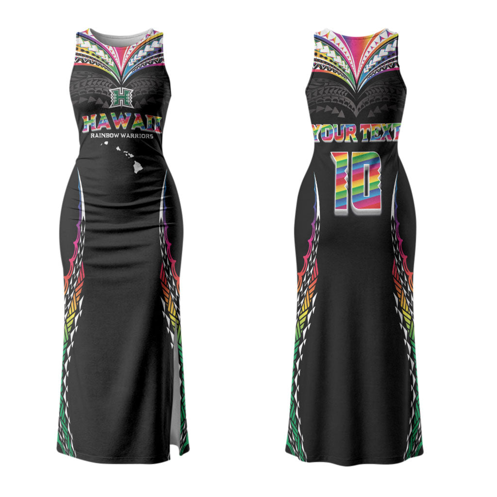 Custom Hawaii Rainbow Warriors Family Matching Tank Maxi Dress and Hawaiian Shirt Polynesian Motif Special Edition Rainbow Gradient