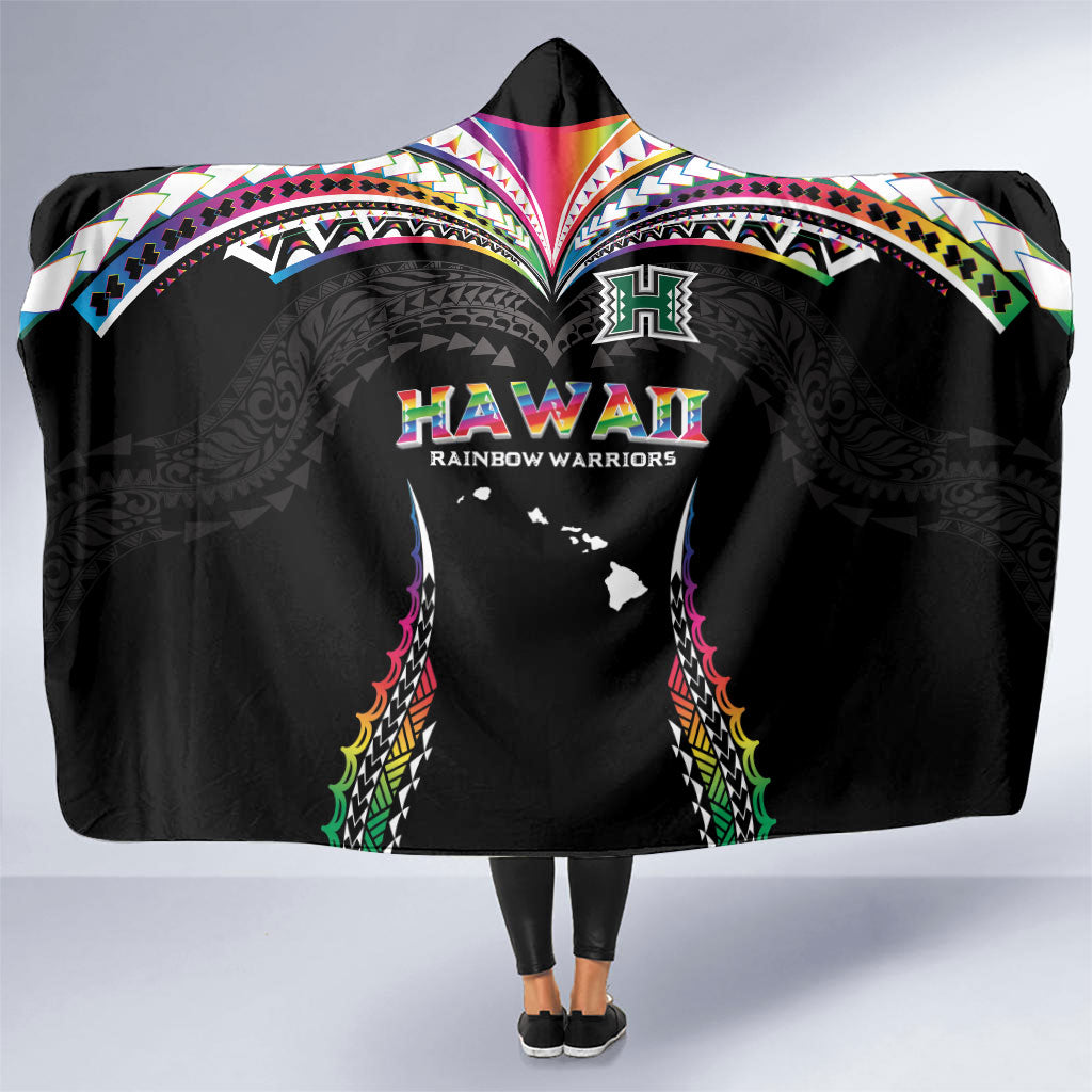 Hawaii Rainbow Warriors Hooded Blanket Polynesian Motif Special Edition Rainbow Gradient