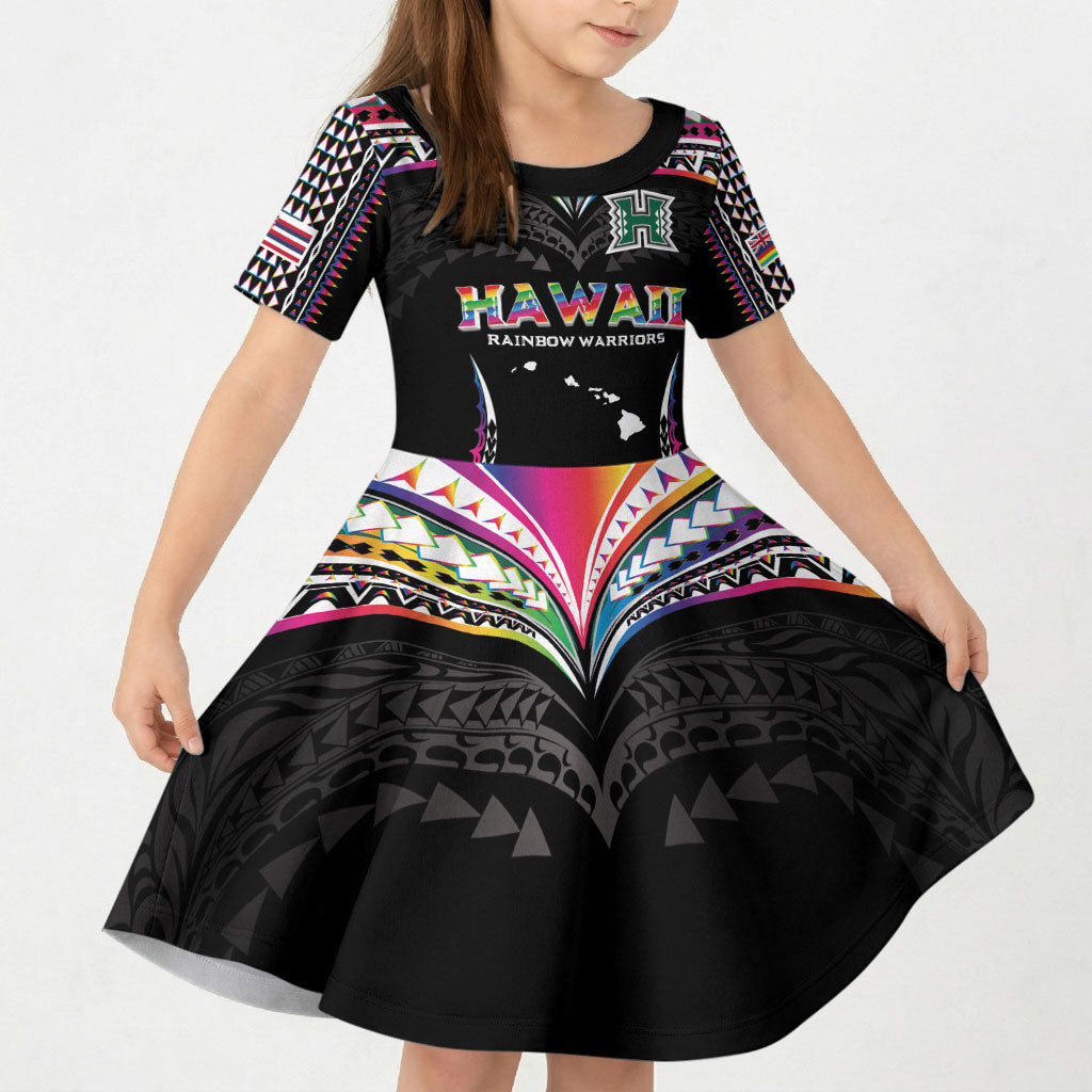 Custom Hawaii Rainbow Warriors Kid Short Sleeve Dress Polynesian Motif Special Edition Rainbow Gradient