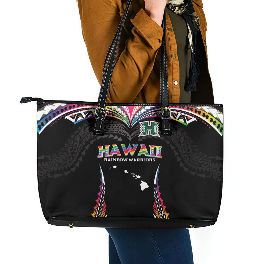 Hawaii Rainbow Warriors Leather Tote Bag Polynesian Motif Special Edition Rainbow Gradient