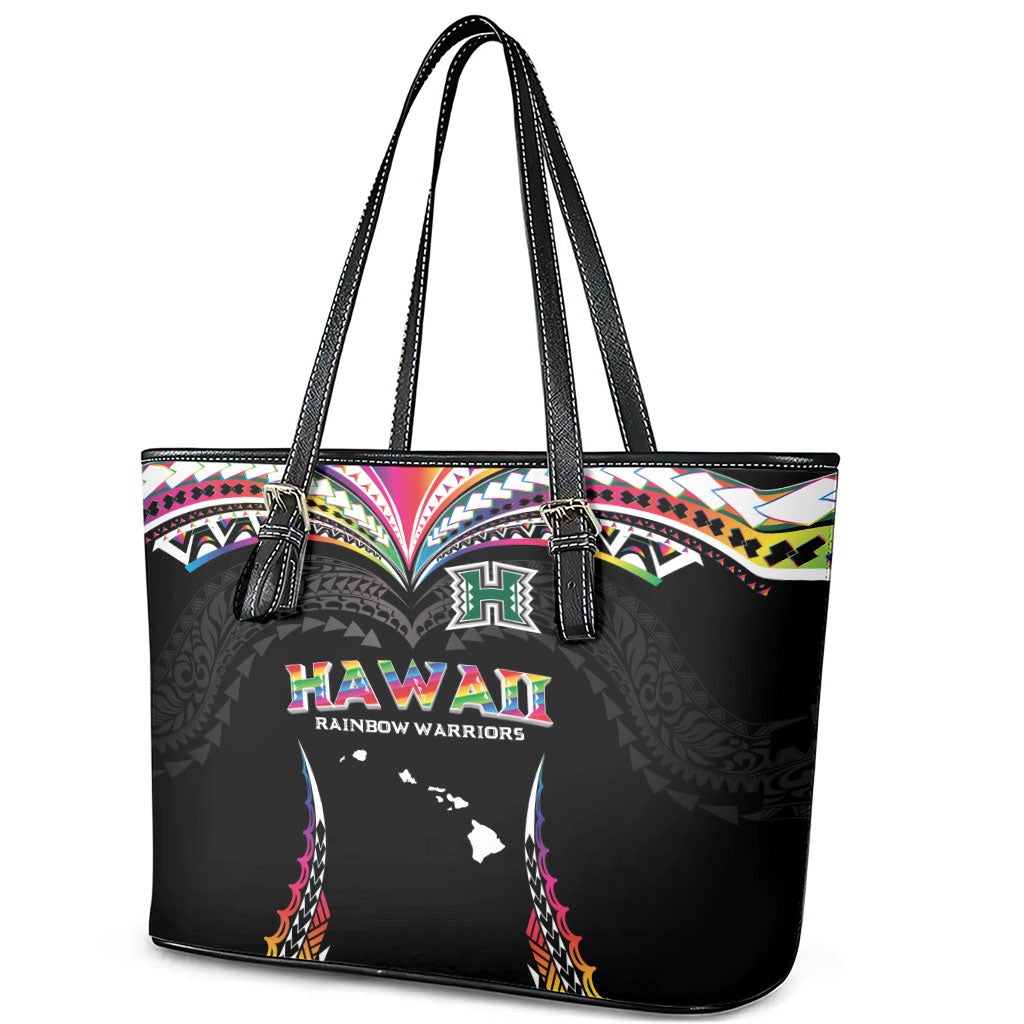 Hawaii Rainbow Warriors Leather Tote Bag Polynesian Motif Special Edition Rainbow Gradient