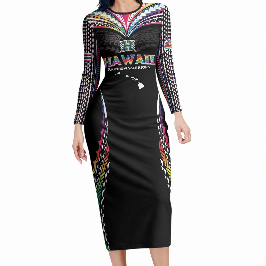 Custom Hawaii Rainbow Warriors Long Sleeve Bodycon Dress Polynesian Motif Special Edition Rainbow Gradient