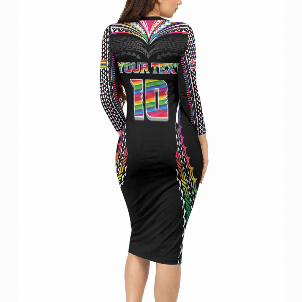 Custom Hawaii Rainbow Warriors Long Sleeve Bodycon Dress Polynesian Motif Special Edition Rainbow Gradient