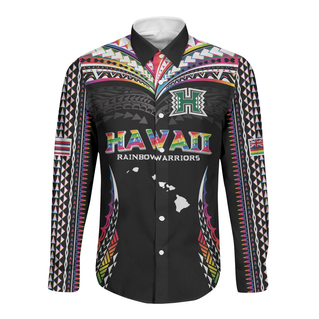 Custom Hawaii Rainbow Warriors Long Sleeve Button Shirt Polynesian Motif Special Edition Rainbow Gradient