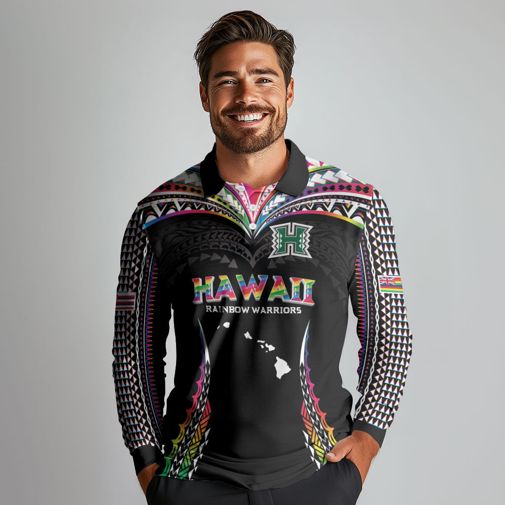 Custom Hawaii Rainbow Warriors Long Sleeve Polo Shirt Polynesian Motif Special Edition Rainbow Gradient