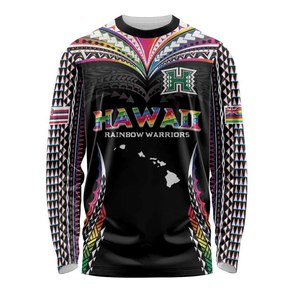 Custom Hawaii Rainbow Warriors Long Sleeve Shirt Polynesian Motif Special Edition Rainbow Gradient