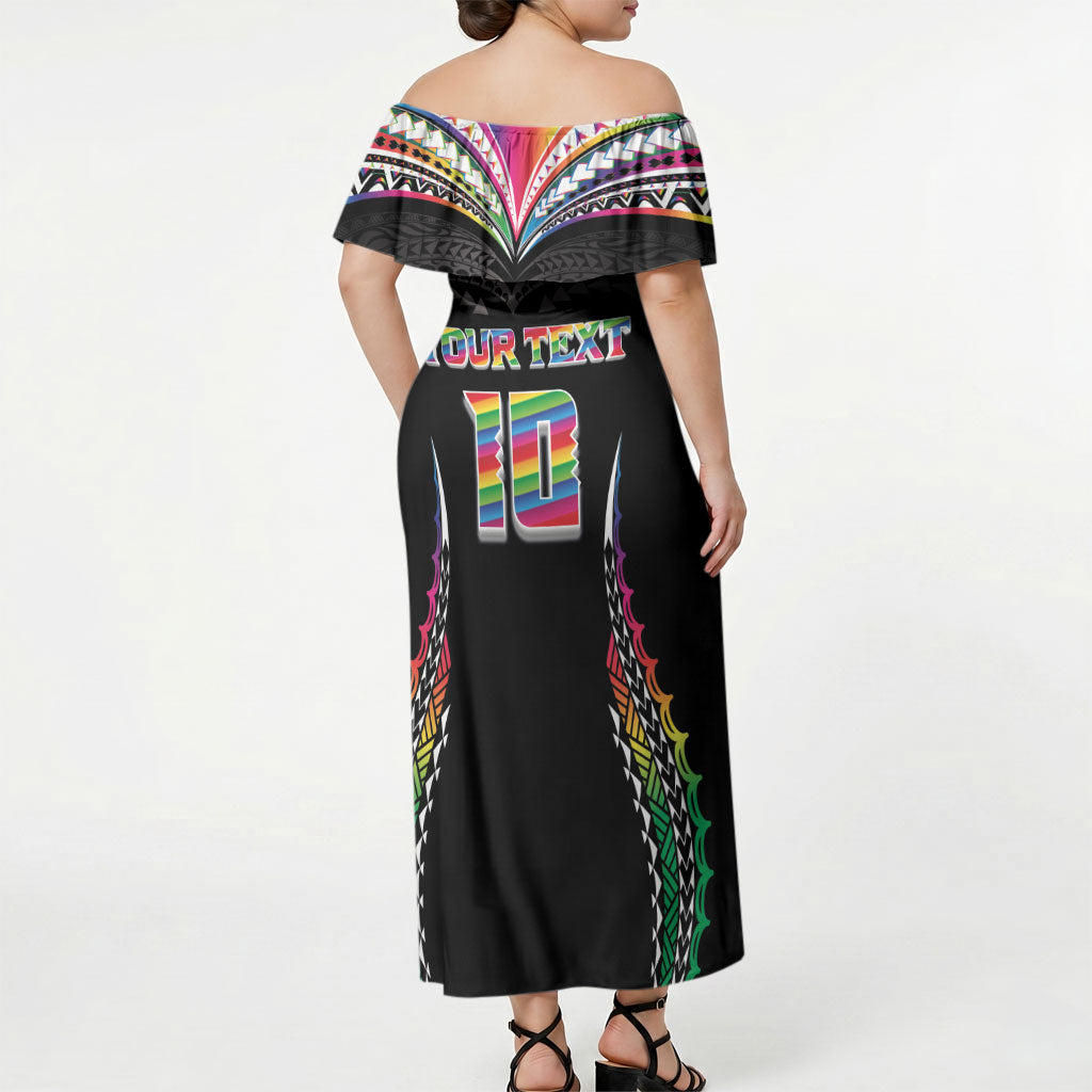 Custom Hawaii Rainbow Warriors Off Shoulder Maxi Dress Polynesian Motif Special Edition Rainbow Gradient