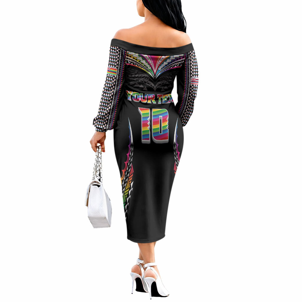 Custom Hawaii Rainbow Warriors Off The Shoulder Long Sleeve Dress Polynesian Motif Special Edition Rainbow Gradient