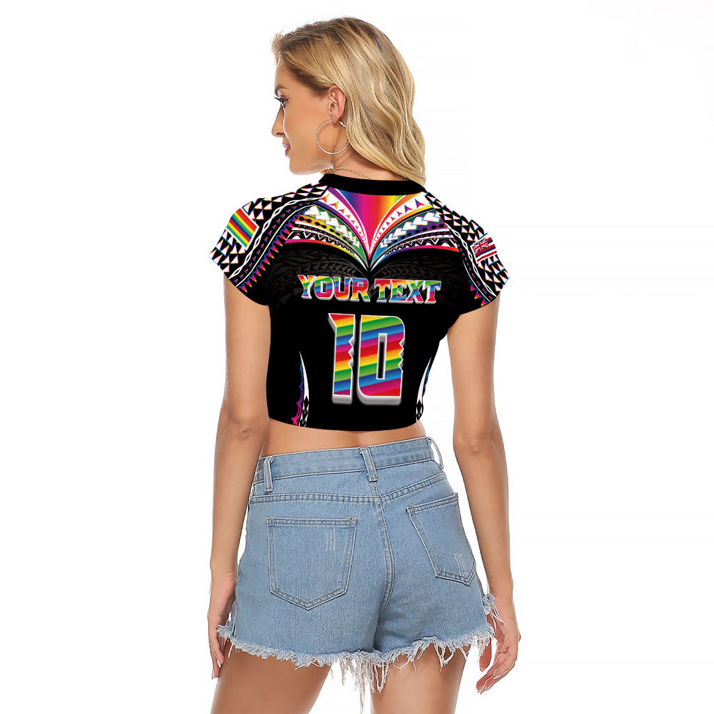 Custom Hawaii Rainbow Warriors Raglan Cropped T Shirt Polynesian Motif Special Edition Rainbow Gradient
