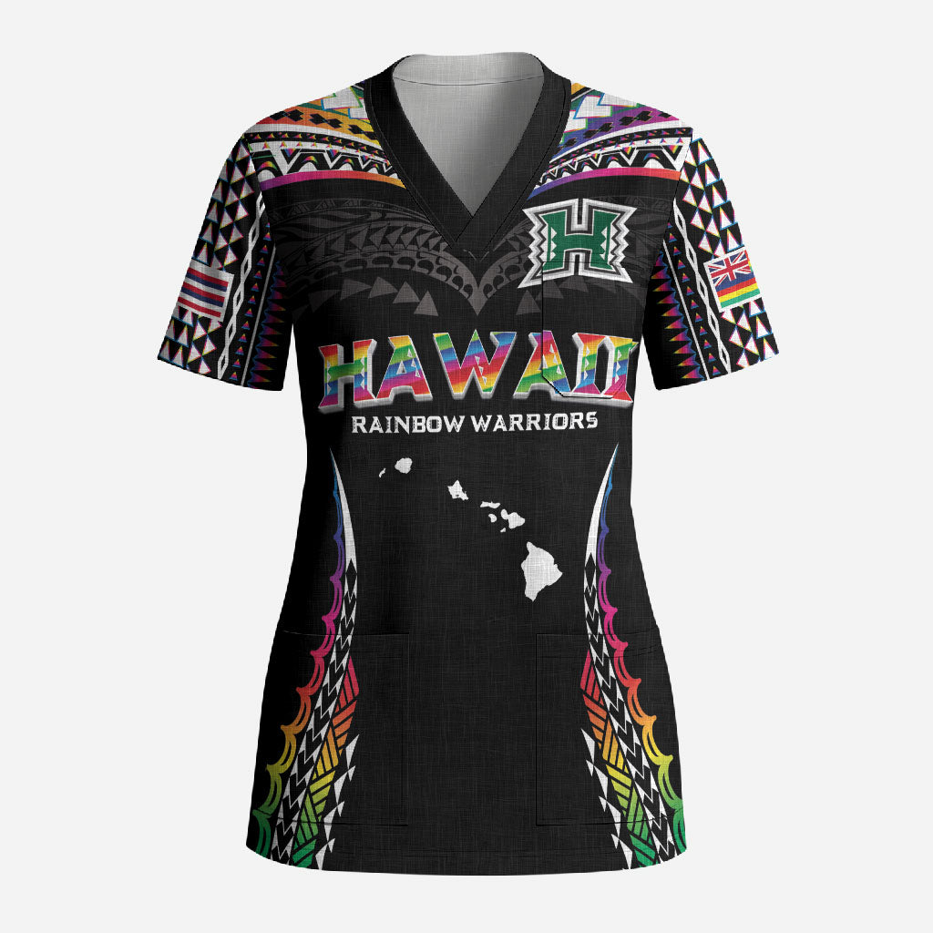 Custom Hawaii Rainbow Warriors Scrub Top Polynesian Motif Special Edition Rainbow Gradient