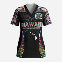 Custom Hawaii Rainbow Warriors Scrub Top Polynesian Motif Special Edition Rainbow Gradient