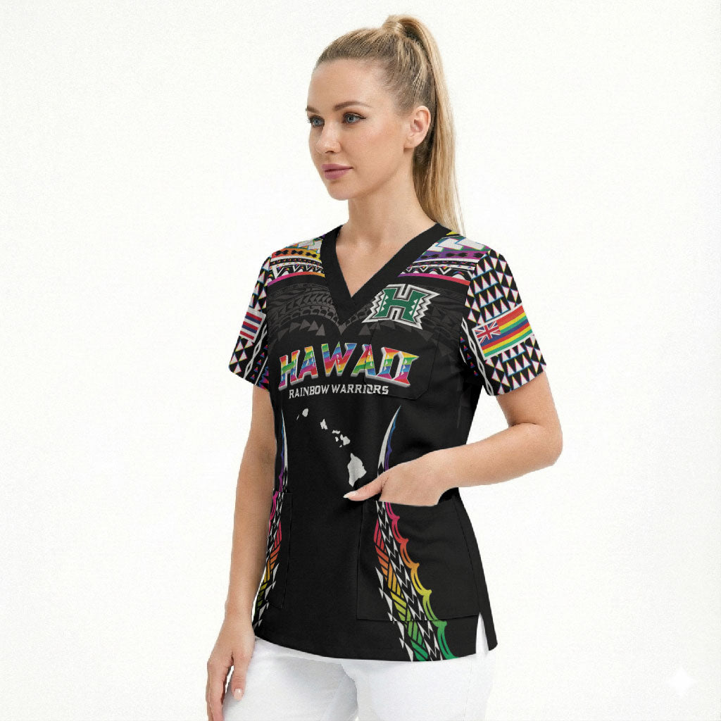 Custom Hawaii Rainbow Warriors Scrub Top Polynesian Motif Special Edition Rainbow Gradient