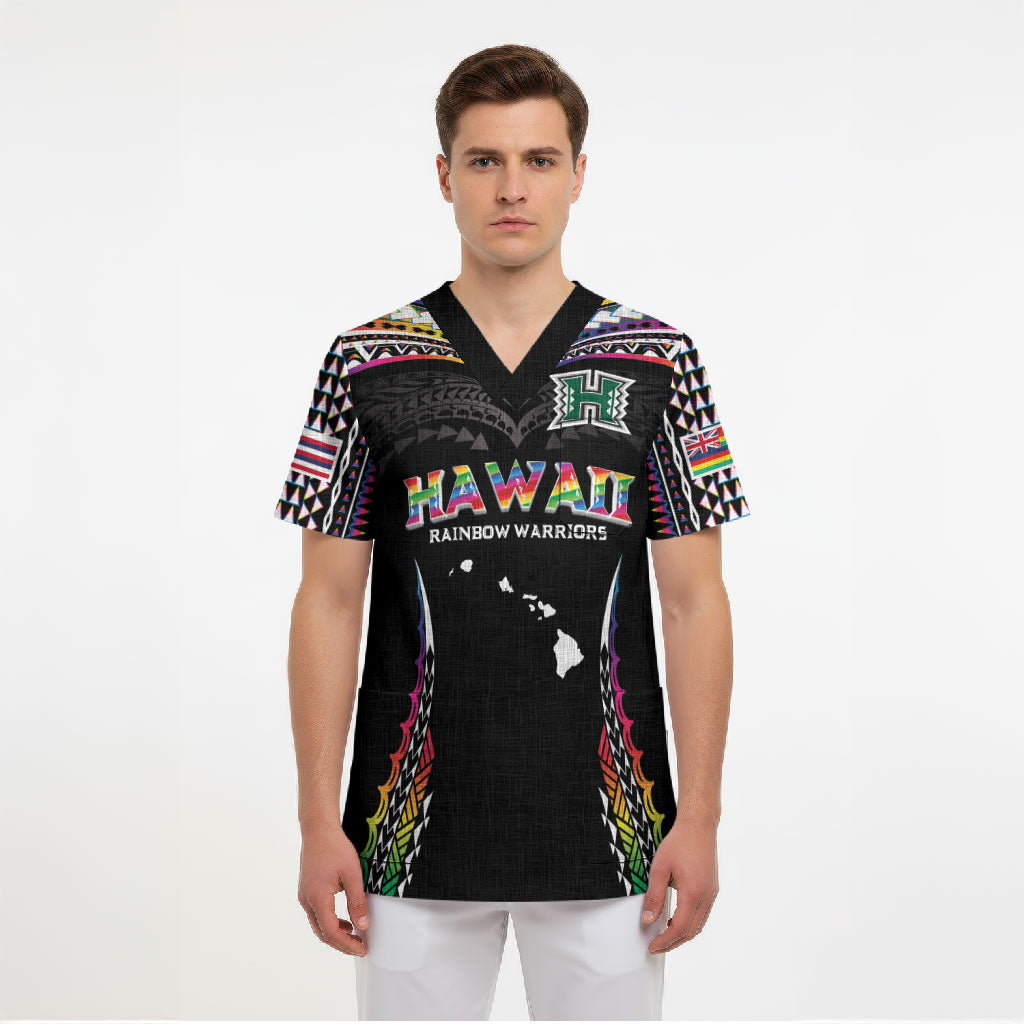 Custom Hawaii Rainbow Warriors Scrub Top Polynesian Motif Special Edition Rainbow Gradient